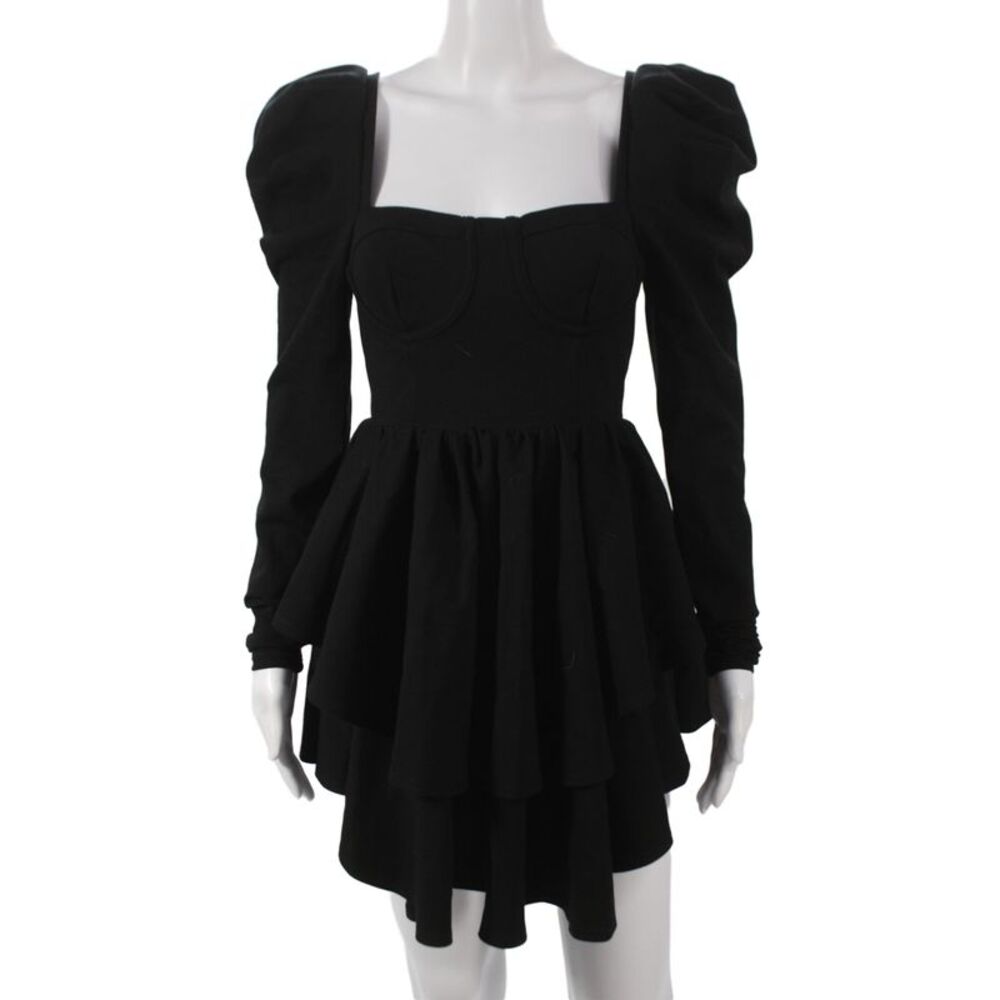 Selkie Womens Fit & Flare Black Mini Dress Long Sleeve Square Neck Size XS
